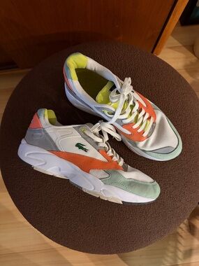 Lacoste White Sneakers with Orange & Mint Accents